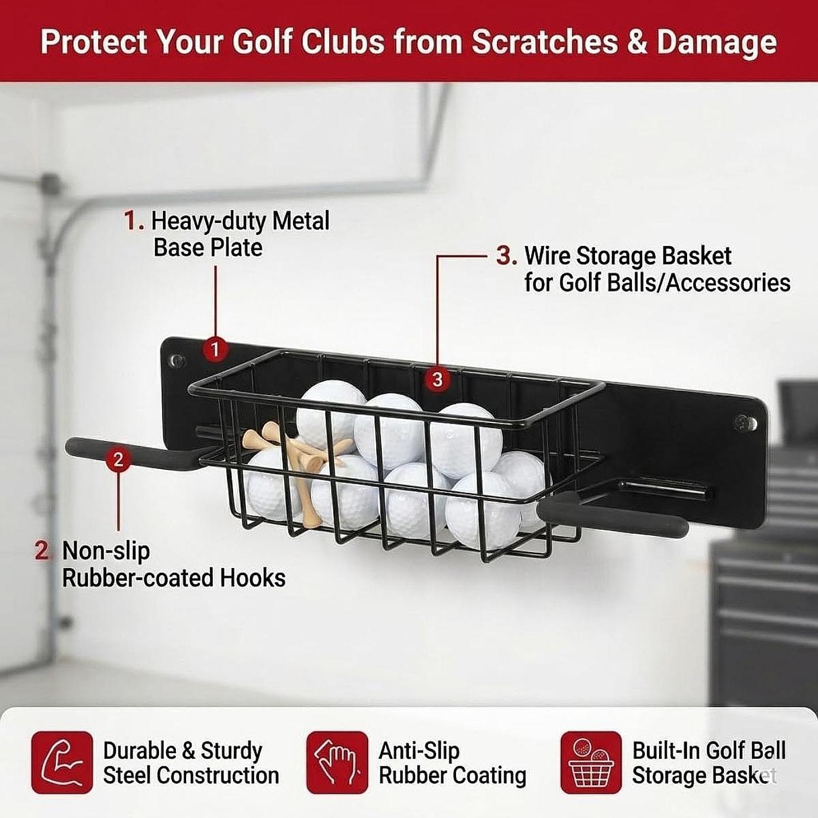 Golf Equipment Garage Organizer - ชั้นวางอุปกรณ์กอล์ฟติดผนังแบบประหยัดพื้นที่ ที่แขวนกระเป๋าโลหะพร้อมตะกร้าเก็บของ ชั้นวางอเนกประสงค์สำหรับโรงรถ บ้าน และสนามกอล์ฟ