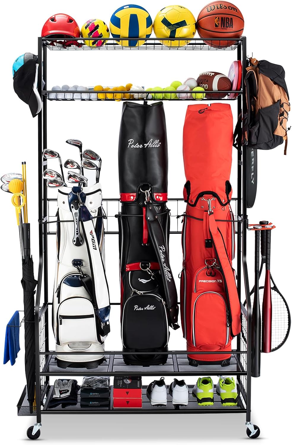 Golf Equipment Garage Organizer - ชั้นวางอุปกรณ์จัดเก็บถุงกอล์ฟแบบมีล้อ โครงเหล็กแข็งแรงทนทาน สำหรับเก็บไม้กอล์ฟ สีดำ