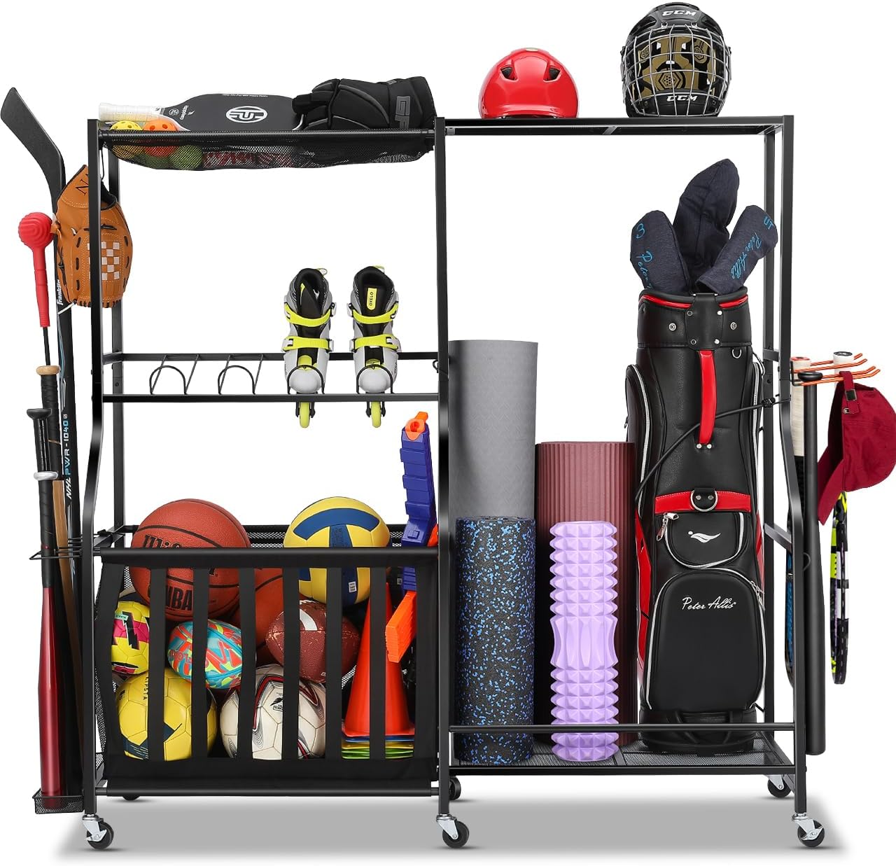 Golf Equipment Garage Organizer - ที่เก็บอุปกรณ์กีฬาในโรงรถพร้อมล้อ ชั้นวางถุงกอล์ฟ กล่องเก็บลูกบอล โครงเก็บของแบบม้วนสำหรับโรงรถ ระบบตะกร้าเก็บของแบบแข็งแรง ตะขอแขวน