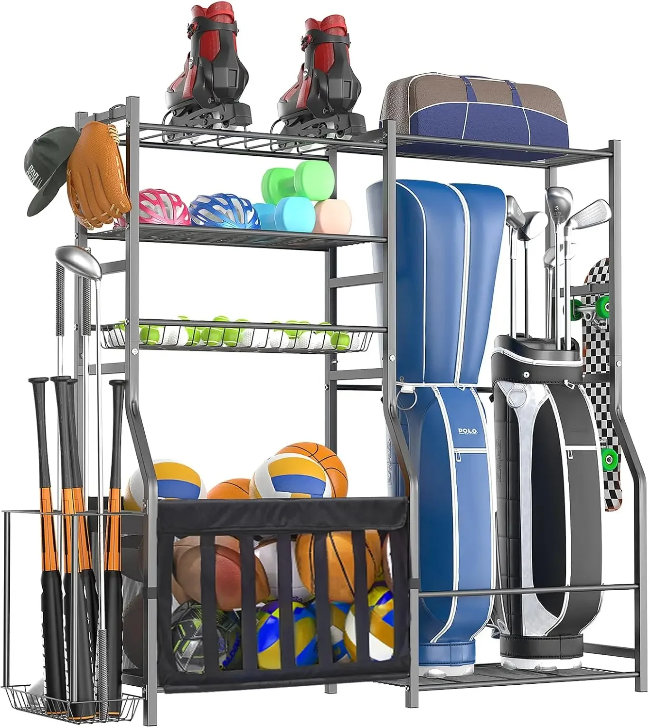 Golf Equipment Garage Organizer - ชั้นวางอุปกรณ์กีฬาสำหรับโรงรถแบบแข็งแรงทนทาน ที่เก็บถุงกอล์ฟอเนกประสงค์ ที่วางลูกกีฬาหลายประเภทสำหรับบาสเก็ตบอลและไม้เบสบอล