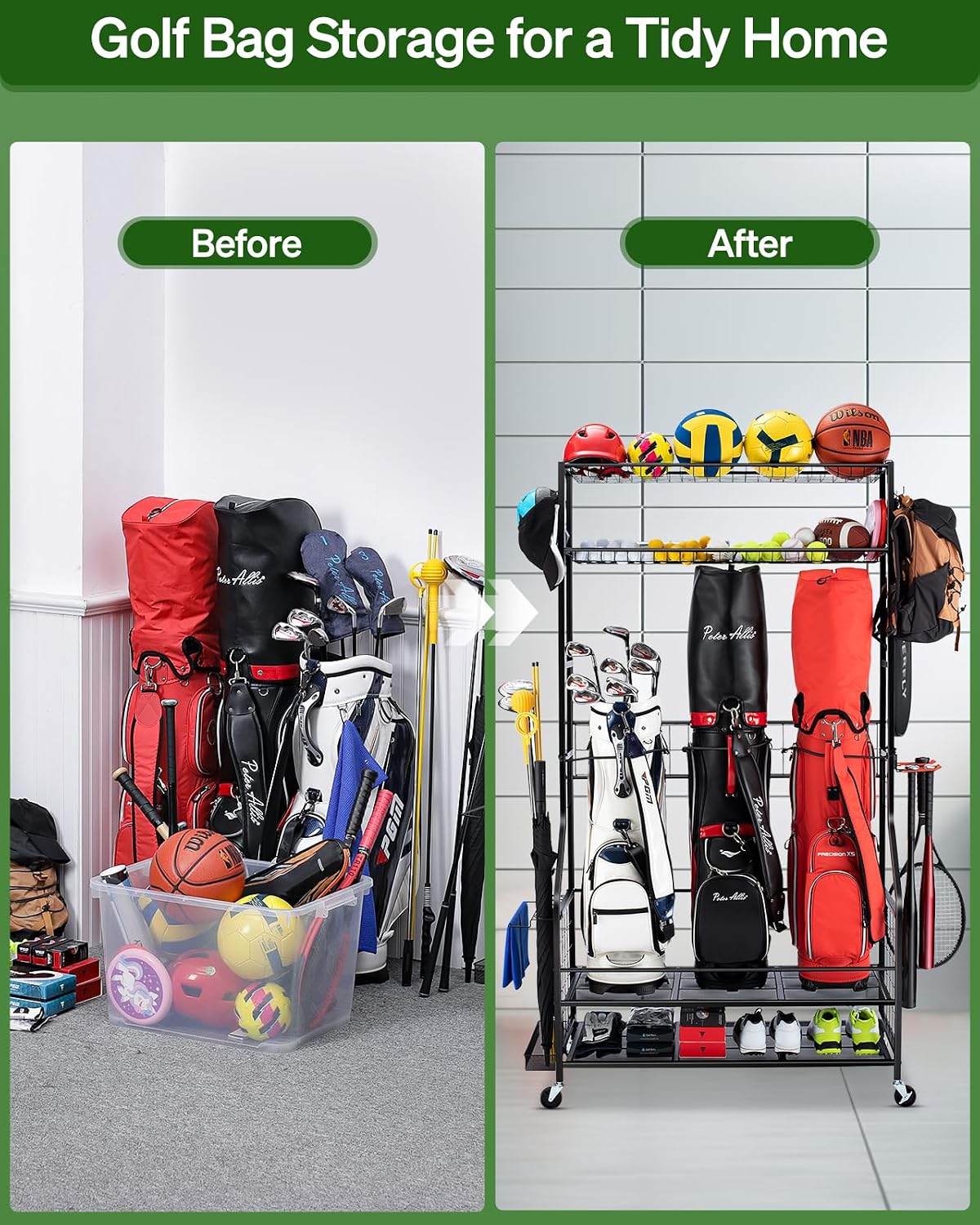 ชั้นวางอุปกรณ์จัดเก็บถุงกอล์ฟแ - Golf Equipment Garage Organizer บทวิจารณ์และราคา